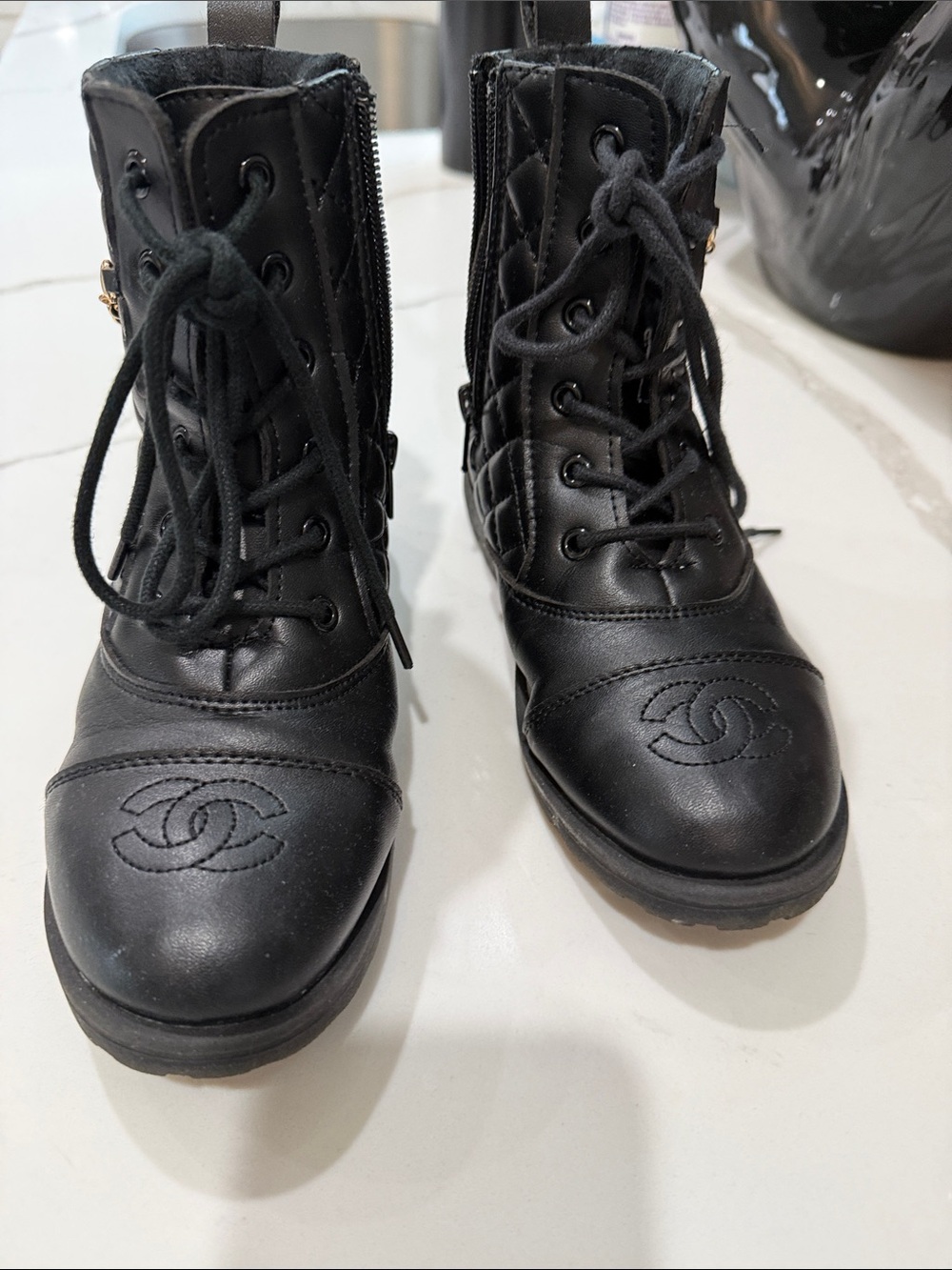 Black Quilted Lace-Up Ankle Boots with CC Toe Stitching